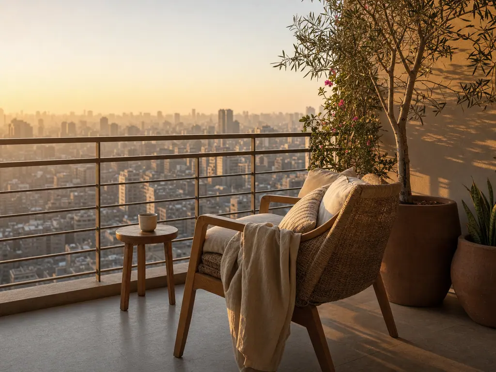 A styled balcony at golden hour with comfortable seating, warm lighting and layered greenery