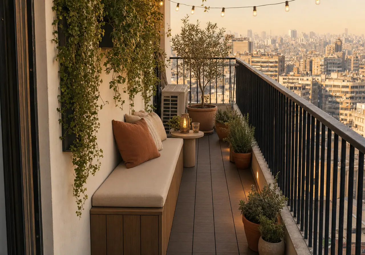 The same balcony styled with timber decking, a cushioned bench, greenery and warm lighting