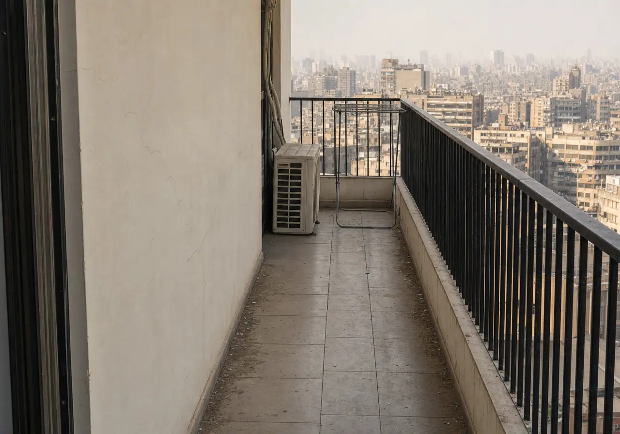 A narrow Cairo apartment balcony before styling, with bare tiles and an empty railing