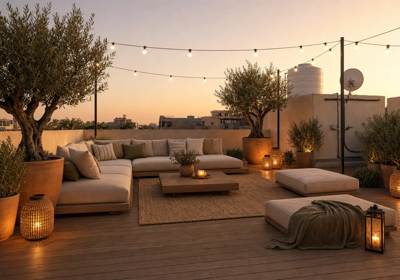 The same rooftop styled with decking, modular seating, olive trees and festoon lighting