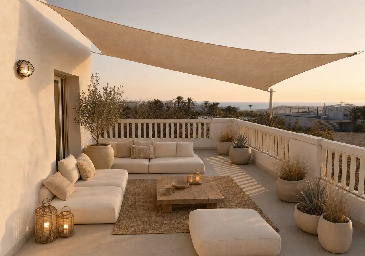 The same coastal terrace styled with low seating, a shade sail and coastal planting