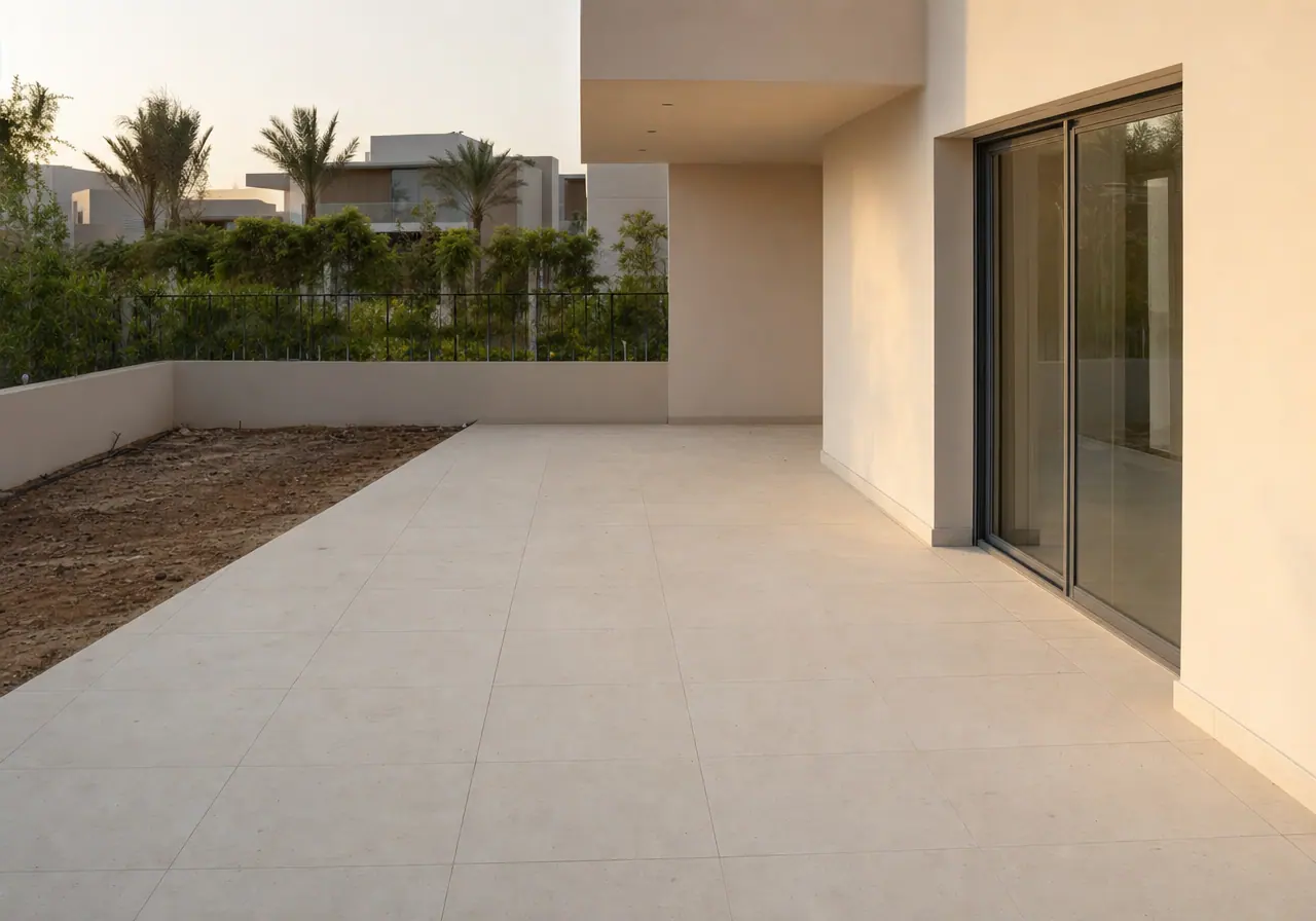 An empty villa terrace before styling, with bare paving and no planting